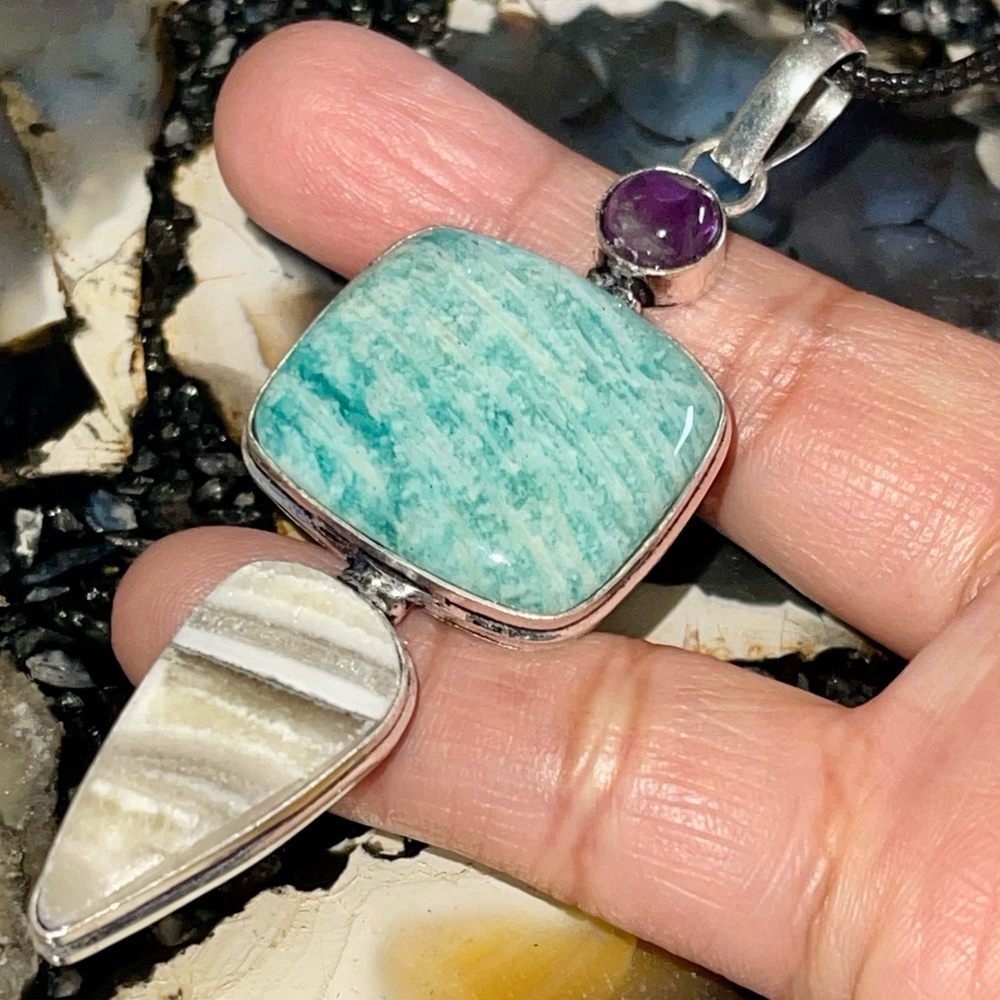 Amazonite, Calcite & Amethyst Pendant 3”